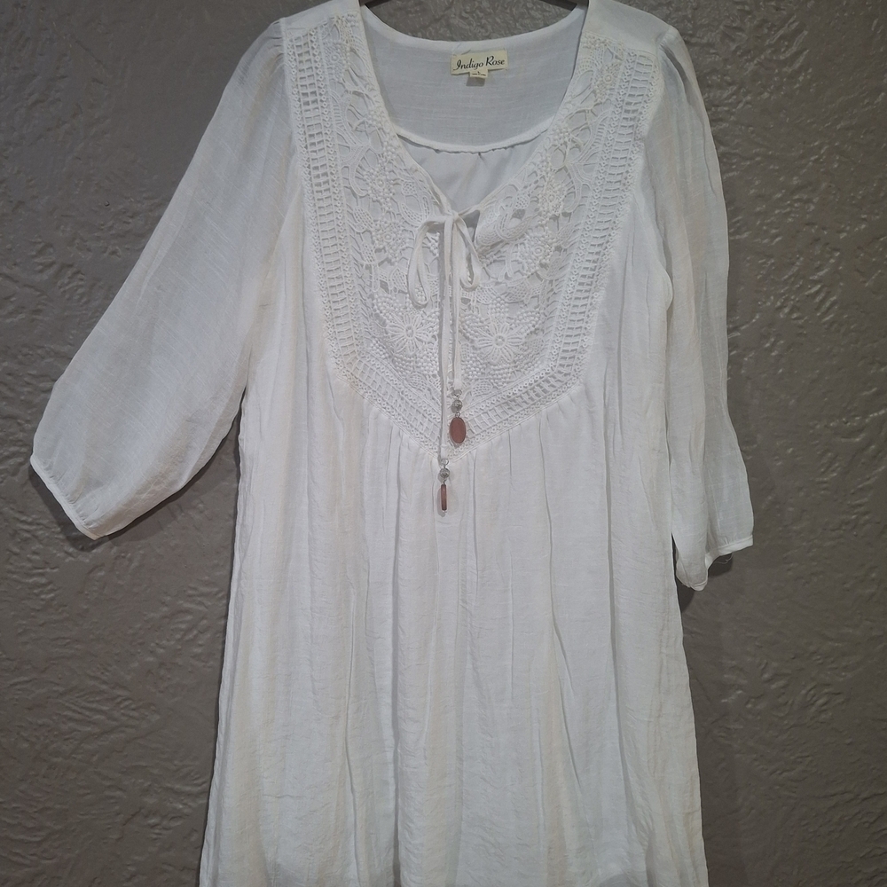Indigo Rose Women  White Midi Dress with Tie Front and Relaxed Fit